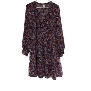 Time and Tru XXL Blue Pink Floral Tiered V Neck Babydoll Dress Long Sleeve Fall